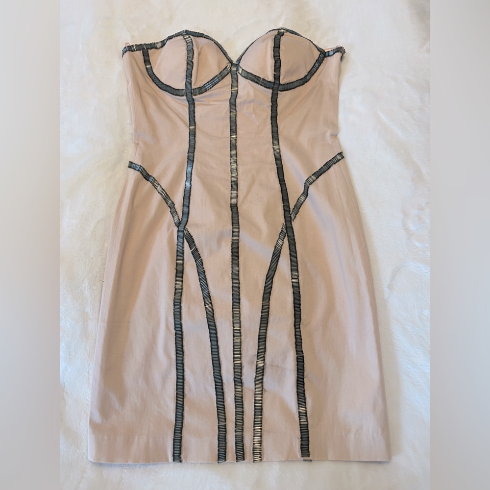 Beaded blush mini body con dress